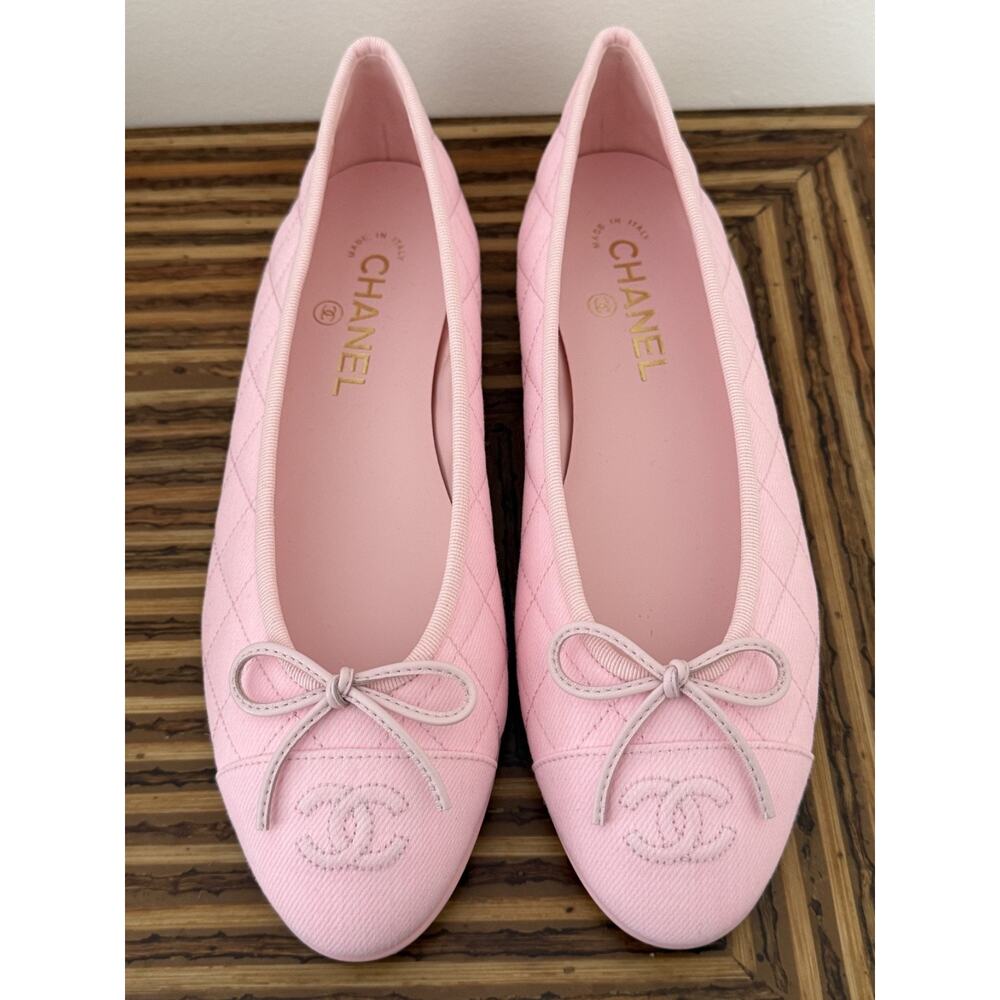 Chanel 26P Light Pink Denim Quilted CC Logo Bow Tie Ballet Ballerina Flat 38 - Picture 7 of 16
